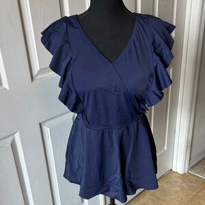 Elegant Navy Ruffle Sleeve Women's One Piece Swimsuit